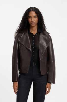 Oversize-fit nappa leather jacket with belt, Brown