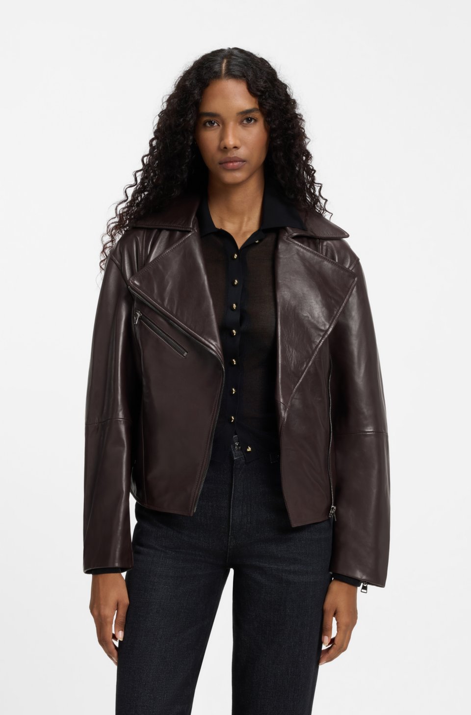 Oversize-fit nappa leather jacket with belt