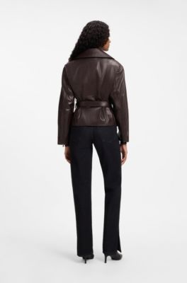 Oversize-fit nappa leather jacket with belt, Brown