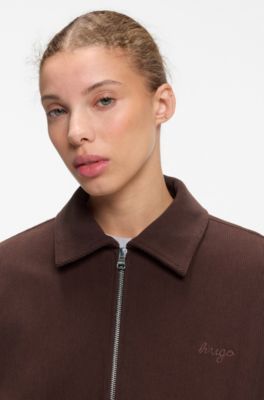 Giubbotto oversize in velluto a coste con logo in corsivo, Marrone