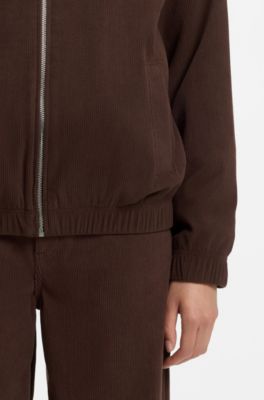 Giubbotto oversize in velluto a coste con logo in corsivo, Marrone