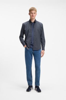 Camisa regular fit de algod&oacute;n el&aacute;stico con cuadros vichy, Azul estampado