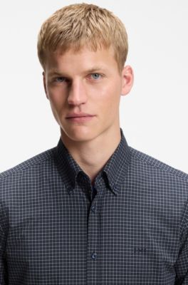 Camisa regular fit de algod&oacute;n el&aacute;stico con cuadros vichy, Azul estampado