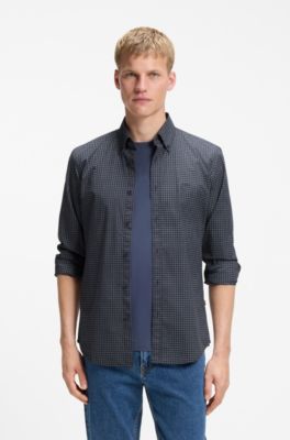 Camisa regular fit de algod&oacute;n el&aacute;stico con cuadros vichy, Azul estampado