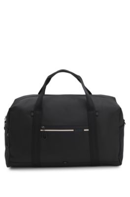 Holdall in structured fabric with logo and signature stripe, Black
