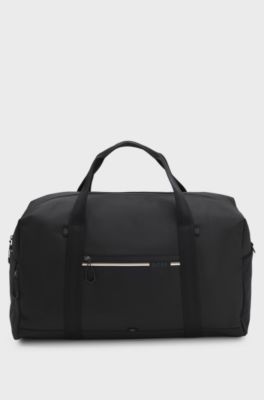 Holdall in structured fabric with logo and signature stripe, Black
