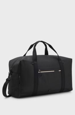 Holdall in structured fabric with logo and signature stripe, Black