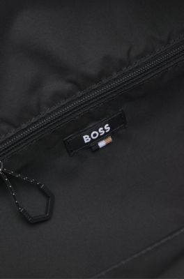 Holdall in structured fabric with logo and signature stripe, Black