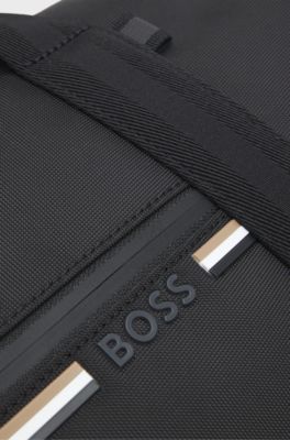 Holdall in structured fabric with logo and signature stripe, Black