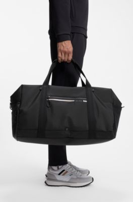 Holdall in structured fabric with logo and signature stripe, Black