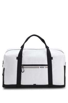 Holdall in structured fabric with logo and signature stripe, White