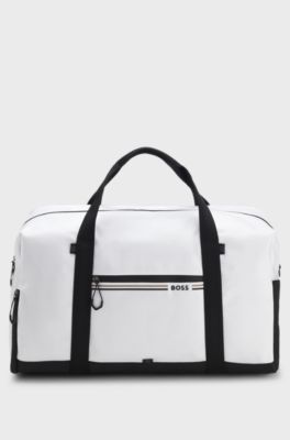 Holdall in structured fabric with logo and signature stripe, White