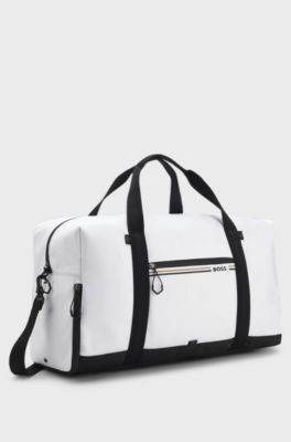 Holdall in structured fabric with logo and signature stripe, White