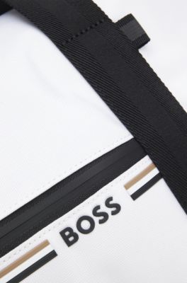 Holdall in structured fabric with logo and signature stripe, White