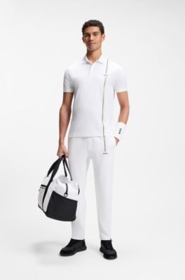 Holdall in structured fabric with logo and signature stripe, White