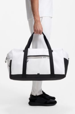 Holdall in structured fabric with logo and signature stripe, White