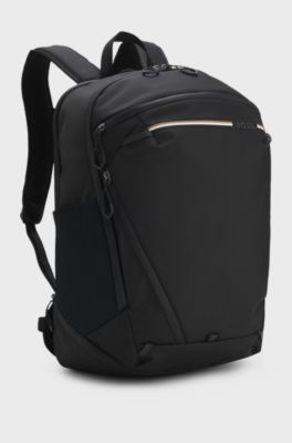 Backpack in structured fabric with logo and signature stripe, Black