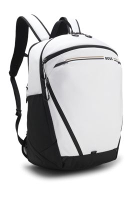 Backpack in structured fabric with logo and signature stripe, White