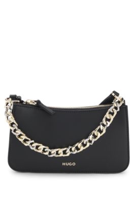 Faux-leather crossbody bag with decorative chain, Black