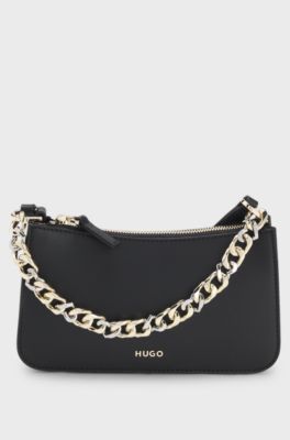 Faux-leather crossbody bag with decorative chain, Black