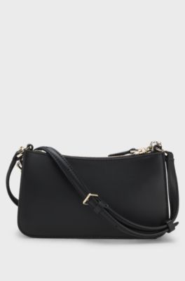 Faux-leather crossbody bag with decorative chain, Black