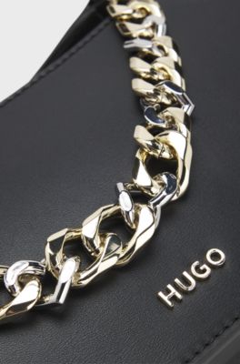 Faux-leather crossbody bag with decorative chain, Black