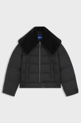 Water-repellent puffer jacket with detachable faux-fur collar, Black