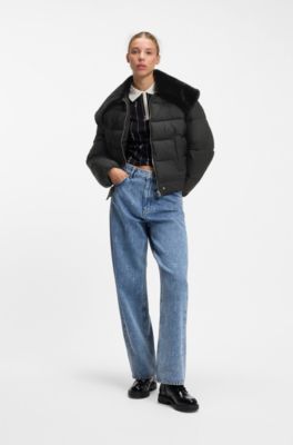 Water-repellent puffer jacket with detachable faux-fur collar, Black