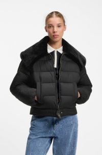 Water-repellent puffer jacket with detachable faux-fur collar, Black