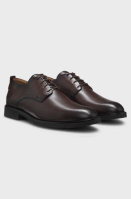 Leather Derby shoes with embossed logo, Dark Brown