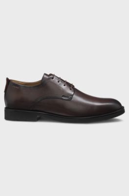 Leather Derby shoes with embossed logo, Dark Brown