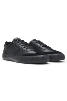 Grained faux-leather trainers with genuine leather trims, Black