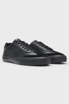 Grained faux-leather trainers with genuine leather trims, Black
