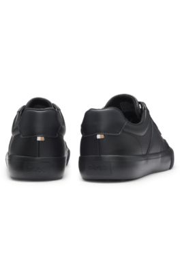 Grained faux-leather trainers with genuine leather trims, Black