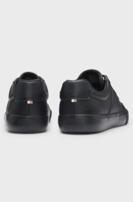 Grained faux-leather trainers with genuine leather trims, Black