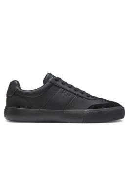 Grained faux-leather trainers with genuine leather trims, Black