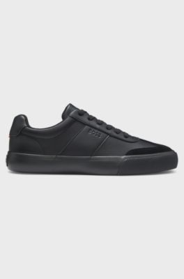 Grained faux-leather trainers with genuine leather trims, Black