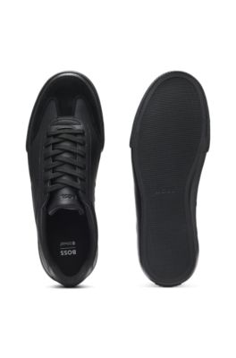 Grained faux-leather trainers with genuine leather trims, Black