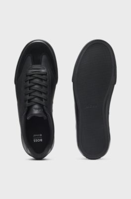 Grained faux-leather trainers with genuine leather trims, Black