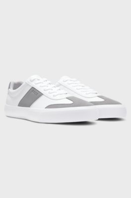 Grained faux-leather trainers with genuine leather trims, Light Grey