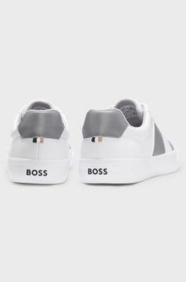 Grained faux-leather trainers with genuine leather trims, Light Grey