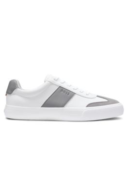 Grained faux-leather trainers with genuine leather trims, Light Grey