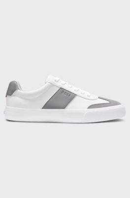 Grained faux-leather trainers with genuine leather trims, Light Grey