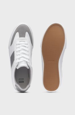 Grained faux-leather trainers with genuine leather trims, Light Grey