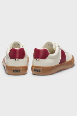 Grained faux-leather trainers with genuine leather trims, Natural