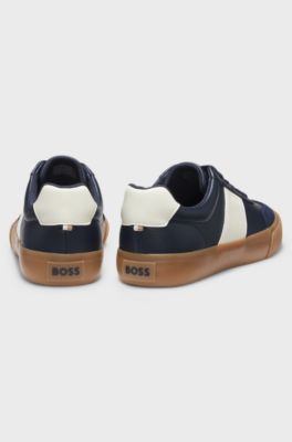 Grained faux-leather trainers with genuine leather trims, Dark Blue