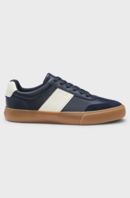 Baskets en similicuir grain&eacute; avec finitions en cuir v&eacute;ritable, Bleu fonc&eacute;