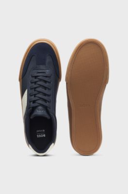 Grained faux-leather trainers with genuine leather trims, Dark Blue