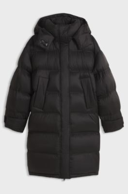 Long-length water-repellent puffer jacket with detachable hood, Black