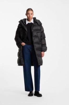 Long-length water-repellent puffer jacket with detachable hood, Black